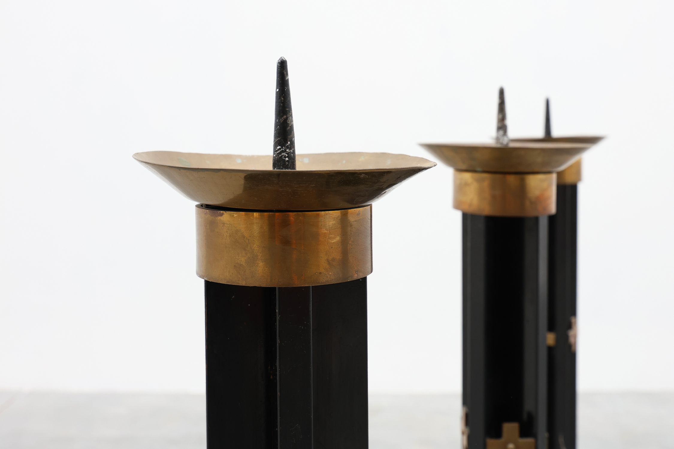 Rare set of 4 very large church candle sticks in black metal and copper, 1960sthumbnail